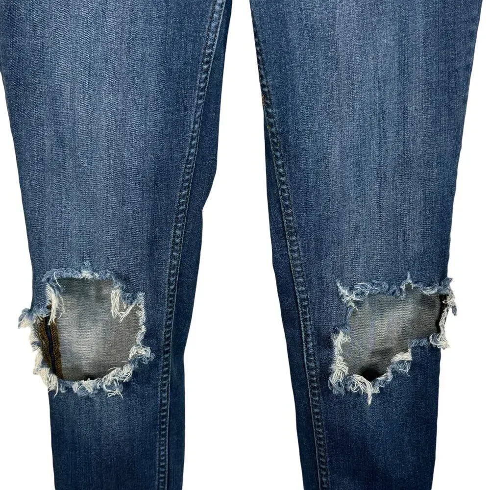 Free People SZ W25 Skinny Jeans Distressed Rips Mid-Rise Stretch Zip-Fly Blue
